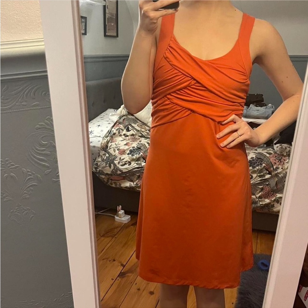 Athleta Orange Ruched Mini Sundress